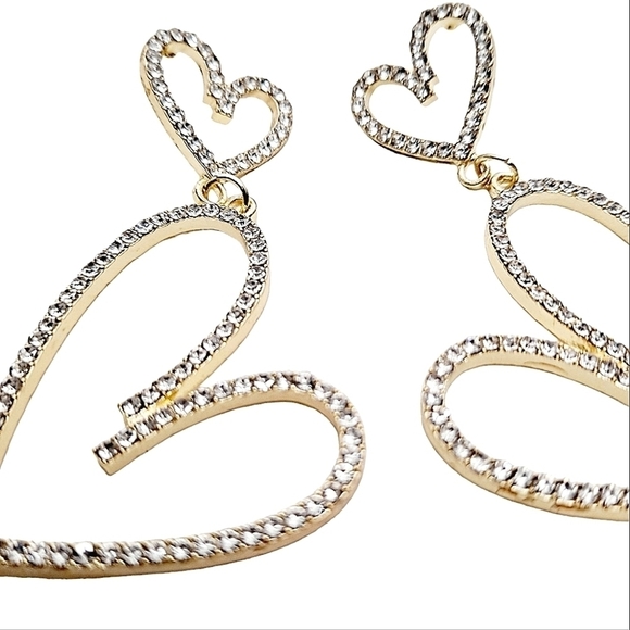 Gold Hoop chunky earrings dangle rhinestone Hearts Romantic statement 💖2/$30 - Picture 14 of 16